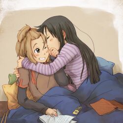  2girls akiyama_mio bad_id bad_pixiv_id blush bonjin hug k-on! kissing long_hair multiple_girls one_eye_closed tainaka_ritsu yuri 