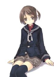  black_thighhighs brown_eyes brown_hair coat commentary_request copyright_request female grey_shorts hair_ornament hairclip looking_at_viewer miyoshino school_uniform short_hair shorts side_ponytail simple_background sitting solo thighhighs white_background 