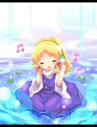  ^_^ ayakashi_(monkeypanch) blonde_hair closed_eyes commentary_request digital_media_player female frog headphones highres letterboxed lily_pad moriya_suwako musical_note no_headwear short_hair sitting solo touhou water 