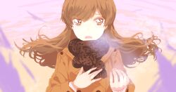  bad_id bad_pixiv_id brown_eyes brown_hair coat female idolmaster idolmaster_(classic) kisaragi_chihaya koto_suomi long_hair open_mouth scarf solo tears 