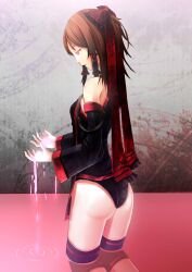  absurdres alternate_costume arms_up ass bare_shoulders black_panties black_thighhighs bow brown_hair commentary_request detached_sleeves dripping female hair_tubes hairbow hakurei_reimu highres looking_down panties red_bow red_eyes reio_reio short_hair solo thighhighs touhou underwear wading 