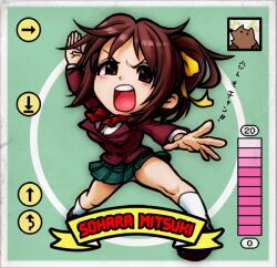  anger_vein arrow_(symbol) bad_id bad_pixiv_id bikkuriman bikkuriman_(style) brown_eyes brown_hair character_name chop female fighting_stance kanchiyo mitsuki_sohara open_mouth parody photoshop_(medium) pleated_skirt skirt socks solo sora_no_otoshimono teeth 