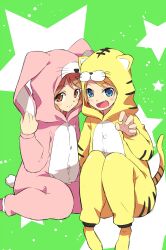  2girls animal_ears blonde_hair blue_eyes brown_eyes brown_hair commentary_request highres jounouchi_serena multiple_girls oerba_yun_fang open_mouth pajamas paw_pose ponekusan pretty_rhythm pretty_rhythm_aurora_dream pretty_series rabbit_ears rabbit_tail smile tail tiger_ears tiger_tail toudou_kanon 