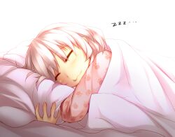  :3 ^_^ alternate_costume blanket brown_hair closed_eyes commentary_request female hugging_object kazetto lying lyrica_prismriver no_headwear on_side pajamas paw_print photoshop_(medium) pillow pillow_hug pink_hair short_hair sleeping smile solo touhou under_covers zzz 