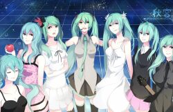  6+girls apple aqua_eyes aqua_hair bad_deviantart_id bad_id bare_shoulders bass_guitar between_breasts black_dress breasts casual clock_lock_works_(vocaloid) closed_eyes costume_chart dress eyelashes food frills fruit green_eyes green_hair grey_dress hatsune_miku headset holding holding_food holding_fruit instrument last_night_good_night_(vocaloid) long_hair multiple_girls multiple_persona necktie piano_(agneschen) pink_dress ribbon rolling_girl_(vocaloid) romeo_to_cinderella_(vocaloid) shinkai_shoujo_(vocaloid) skirt songover sweater thighhighs vocaloid watermark web_address wet wet_hair white_dress world_is_mine_(vocaloid) zettai_ryouiki 