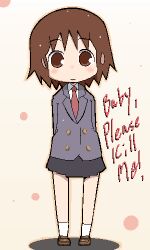  blazer blush brown_eyes brown_hair chibi commentary_request copyright_name english_text female jacket kill_me_baby lowres miniskirt necktie niea oekaki oribe_yasuna school_uniform short_hair skirt solo 