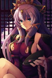  alcohol blue_eyes breasts commentary_request cup female large_breasts long_hair petals purple_hair sakazuki sake sangokushi_taisen solo sumeragi_oruta zhang_chunhua_(sangokushi_taisen) 