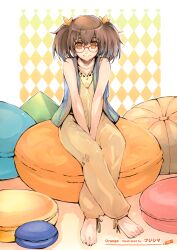  absurdres bare_shoulders barefoot brown_hair copyright_request feet female female food fruit fujishima glasses hair_ornament highres jewelry necklace orange orange_eyes pillow scan shirt short_hair sitting sleeveless solo twintails yellow_shirt 