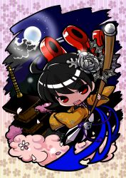  ahoge bell black_hair blue_wings carnation chibi cloud commentary_request female floral_print flower frills full_moon hair_flower hair_ornament holding houjuu_nue japanese_clothes kimono moon night pagoda polearm red_eyes red_wings short_hair socha solo star_(symbol) stone tassel teeth touhou trident weapon wings 