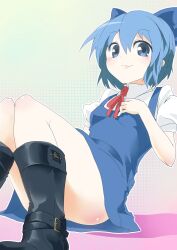  alternate_footwear black_footwear blue_bow blue_dress blue_eyes blue_hair boots bow cirno collared_shirt commentary_request dress female hairbow hand_on_own_chest highres looking_at_viewer neck_ribbon puffy_short_sleeves puffy_sleeves red_ribbon ribbon shift_(waage) shirt short_hair short_sleeves smile solo touhou white_shirt 