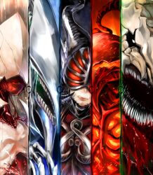  2girls colored_skin column_lineup commentary_request elesh_norn exposed_muscle hitsuji_bako jin-gitaxias lips magic:_the_gathering multiple_girls no_eyes red_skin sharp_teeth sheoldred split_crop teeth urabrask vorinclex 