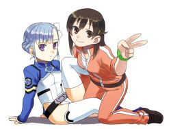  2girls belt blue_hair bodysuit brown_eyes brown_hair commentary_request fin_e_ld_si_laffinty jacket kyouno_madoka multiple_girls purple_eyes rinne_no_lagrange shigehiro_(hiroi_heya) sitting sleeves_rolled_up track_jacket track_suit v 