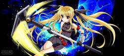  arm_strap armor bardiche_(nanoha) bardiche_(scythe_form)_(nanoha) bare_shoulders belt belt_bra black_gloves blonde_hair bow breasts buckle choker collar commentary_request elbow_gloves energy_weapon fate_testarossa female floating_hair gauntlets gloves glowing greaves hair_ribbon hairbow halterneck holding holding_weapon kanna_(plum) long_hair looking_to_the_side loose_belt lyrical_nanoha magical_girl mahou_shoujo_lyrical_nanoha parted_bangs parted_lips photoshop_(medium) polearm red_eyes ribbon scythe sidelocks small_breasts solo thigh_gap turtleneck twintails unitard very_long_hair watermark weapon web_address 