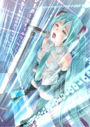  aqua_eyes aqua_hair binary black_thighhighs blouse boots commentary_request detached_sleeves female hatsune_miku hyji long_hair microphone microphone_stand miniskirt music necktie open_mouth pleated_skirt shirt singing skirt sleeveless solo thigh_boots thighhighs twintails very_long_hair vocaloid 