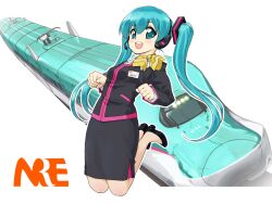  aqua_eyes aqua_hair commentary_request e5_hayabusa female hatsune_miku headphones jumping long_hair md5_mismatch open_mouth pantograph pencil_skirt photoshop_(medium) shinkansen shoes skirt smile solo tessai train train_attendant travel_attendant twintails uniform vocaloid 