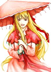  antaria blonde_hair commentary female kye_wol_hyang long_hair looking_at_viewer oil-paper_umbrella open_mouth red_eyes shin_angyou_onshi signature solo umbrella very_long_hair 