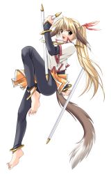  animal_ears anklet barefoot blonde_hair bracelet claws feathers feet female highres imageboard_desourced izumo jacket jewelry kurashima_nagisa long_hair non-web_source open_mouth pants photoshop_(medium) sharp_toenails smile solo tail toenails tonfa weapon yamamoto_kazue 