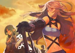  1boy 2girls 92m blonde_hair blue_eyes blue_hair breasts choker cleavage cloud commentary_request gloves jude_mathis long_hair medium_breasts midriff milla_maxwell multiple_girls muzet_(tales) navel pointy_ears red_eyes shirt strapless tales_of_(series) tales_of_xillia taut_clothes taut_shirt tube_top yellow_background 