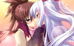  2girls blue_eyes blush brown_hair chu_chu_idol chu_x_chu chu_x_chu!_on_the_move chu_x_chu_idol eye_contact female game_cg gloves grey_hair hand_on_another&#039;s_face hand_on_face highres incipient_kiss long_hair looking_at_another love multiple_girls naughty_face pink_eyes silver_hair smile very_long_hair yuri 