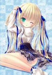  ;p ankle_ribbon arm_ribbon ass bad_link blonde_hair blouse blue_background blue_bow blue_ribbon blush bobby_socks bow breasts checkered_background cross-laced_clothes cross-laced_skirt dress female green_eyes hair_between_eyes hair_ribbon hairbow high-waist_skirt lace lace-trimmed_shirt lace-trimmed_skirt lace-trimmed_sleeves lace-trimmed_socks lace_trim leg_ribbon long_hair long_sleeves misawa_maho multiple_hair_bows one_eye_closed plaid plaid_skirt puffy_long_sleeves puffy_sleeves ribbon rou-kyuu-bu! shirt sitting skirt small_breasts socks solo tinker_bell_(pixiv_10956015) tongue tongue_out twintails tying_hair very_long_hair 