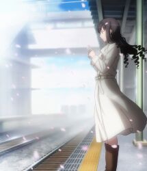  amagami anime_screenshot boots coat curly_hair female headband highres long_hair morishima_haruka outdoors petals photoshop_(medium) railroad_tracks smile solo stitched tactile_paving third-party_edit train_station 