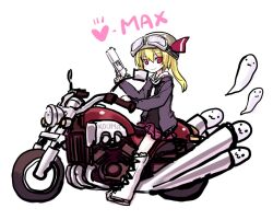  :3 :d bad_id bad_pixiv_id blonde_hair blush boots cross-laced_footwear female flandre_scarlet floating ghost goggles gun handgun hat hat_ribbon heart helmet hitodama holding kiira lace-up_boots mirror motor_vehicle motorcycle open_mouth photoshop_(medium) pleated_skirt red_eyes revolver ribbon sitting skirt smile solo spirits sweater touhou weapon wheel yamaha_v-max 