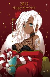  blue_eyes breasts cleavage dark_skin earrings english female flower hair_flower hair_ornament japanese_clothes jewelry kimono large_breasts long_hair mami mami_(apsaras) new_year off_shoulder open_mouth original tattoo white_hair 