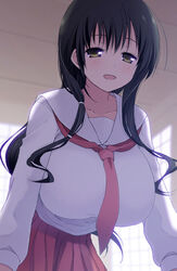  black_hair blush breasts brown_eyes collarbone commentary_request eisui_school_uniform female huge_breasts hyuuga_takashi iwato_kasumi leaning_forward long_hair necktie open_mouth pleated_skirt saki_(manga) school_uniform serafuku skirt solo 