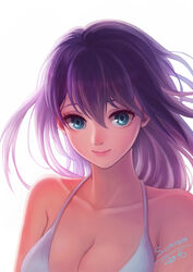  2016 artist_name bare_shoulders bikini blue_eyes breasts cleavage collarbone commentary_request female hair_between_eyes lips long_hair looking_at_viewer medium_breasts original purple_hair simple_background smile solo sommimi swimsuit tareme upper_body white_background white_bikini 