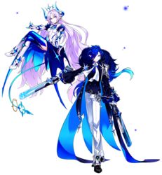  1boy armor ascot belt black_footwear black_shirt blue_eyes blue_hair blue_horns blue_skirt blue_thighhighs boots chevalier_(elsword) ciel_(elsword) closed_mouth dark_blue_hair dual_wielding elbow_gloves elsword female floating full_body gloves grey_hair gun holding holding_gun holding_weapon horns hwansang ishtar_(elsword) knee_boots long_hair looking_at_viewer luciela_r._sourcream official_art pants pauldrons pointy_ears shirt shoes shoulder_armor single_pauldron skirt smile standing thighhighs thighhighs_under_boots transparent_background weapon white_ascot white_footwear white_gloves white_pants zettai_ryouiki 