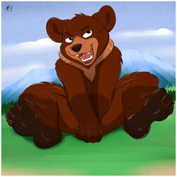  1:1 4_toes aaron_(artist) bear black_nose brother_bear brown_bear brown_body brown_fur claws disney feet feral fur grass grizzly_bear hi_res inner_ear_fluff koda_(brother_bear) male mammal markings nature open_mouth pawpads plant simple_background sitting soles solo teeth toe_claws toes tuft ursine young young_feral young_male 