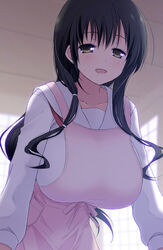  apron black_hair blush breasts brown_eyes collarbone commentary_request eisui_school_uniform female huge_breasts hyuuga_takashi iwato_kasumi leaning_forward long_hair open_mouth saki_(manga) school_uniform serafuku solo 