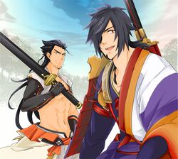  2boys a_gkm abs black_hair braid brothers commentary_request day facial_mark gloves hair_over_one_eye japanese_clothes long_hair male_focus multiple_boys open_mouth orange_eyes rokurou_rangetsu scar shigure_rangetsu siblings sky sword tales_of_(series) tales_of_berseria teeth topless_male tree weapon 