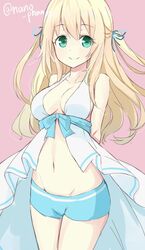  amagi_brilliant_park aqua_eyes arms_behind_back atago_(kancolle) babydoll bad_id bad_twitter_id bare_shoulders blonde_hair breasts cosplay cowboy_shot female groin hair_ribbon kantai_collection long_hair looking_at_viewer medium_breasts navel pink_background ribbon shorts smile solo swimsuit sylphy_(amaburi) sylphy_(amaburi)_(cosplay) takehana_note twitter_username two_side_up 