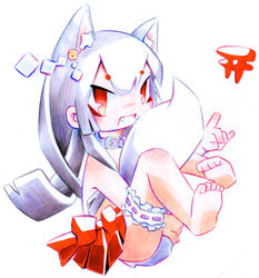  animal_ears barefoot bell collar commentary_request female fox_ears fox_shadow_puppet full_body inari jingle_bell long_hair mapico oerba_yun_fang open_mouth original red_eyes simple_background solo white_background 