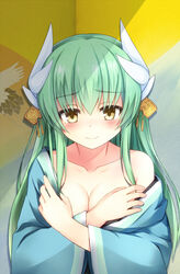  animal_print bare_shoulders bird_print blue_kimono blush breasts cleavage closed_mouth collarbone commentary_request covering_breasts covering_privates dragon_horns fate/grand_order fate_(series) female fuji_kakei green_hair hair_ornament horns japanese_clothes kimono kiyohime_(fate) large_breasts long_hair long_sleeves looking_at_viewer shade smile solo upper_body wide_sleeves yellow_eyes 