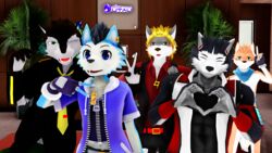  16:9 3d_(artwork) 5_fingers anthro aro_rouon_(character) black_hair blue_body blue_eyes blue_fur blush canid canine canis convenient_censorship convent digital_media_(artwork) domestic_dog erection fingers fur grey_body grey_fur hair hiiro_akagami_(character) ikuto_waon jewelry looking_at_viewer male malicekira mammal nude one_eye_closed penis ponytail rou_kemonone sarasa_arujine smile standing utau white_body white_fur wink wolf 