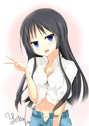  akiyama_mio black_hair blue_eyes blush breasts cleavage commentary_request female highres hime_cut k-on! long_hair medium_breasts midriff navel open_fly solo underwear unzipped v yotuba_mokoh_(benzenex) 