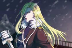  amestris_military_uniform bad_id bad_pixiv_id blonde_hair blue_eyes coat female fullmetal_alchemist gloves lips long_hair looking_at_viewer may_c military military_uniform olivier_mira_armstrong parted_lips snow solo sword uniform weapon 