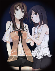  2girls bike_shorts black_hair brown_hair commentary_request fatal_frame fatal_frame_5 highres hinasaki_miu holding_hands interlocked_fingers kozukata_yuuri makusu multiple_girls skirt wet wet_clothes 