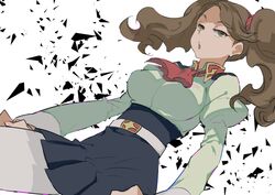  ascot blouse breasts brown_eyes brown_hair dutch_angle female gj gundam gundam_build_fighters gundam_build_fighters_try juliet_sleeves large_breasts long_sleeves open_mouth pantyhose puffy_sleeves sazaki_kaoruko scrunchie shirt skirt solo twintails white_background white_pantyhose 