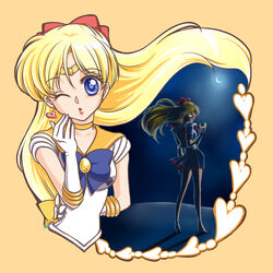  2girls aino_minako arm_behind_back bishoujo_senshi_sailor_moon blonde_hair blue_bow blue_eyes blue_skirt bow choker codename_wa_sailor_v commentary_request cowboy_shot crescent crescent_compact_(sailor_moon) crescent_facial_mark dual_persona elbow_gloves facial_mark gloves hairbow half_updo heart highres lipstick long_hair magical_girl makeup mask multiple_girls one_eye_closed orange_background orange_choker orange_sailor_collar red_bow red_lips sailor_collar sailor_senshi_uniform sailor_v sailor_venus seiji_(hanjuku_pancake) shoes skirt standing tiara v venus_love_me_chain white_gloves 