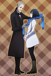  1boy 71_(nanaichi_drafting) black_hair boots bow bowtie coat commentary_request female grey_hair kill_la_kill kiryuuin_satsuki long_coat old old_man pantyhose photoshop_(medium) scarf short_hair smile soroi_mitsuzou 