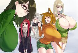  5girls bare_shoulders black_dress blonde_hair breasts brown_hair cleavage commentary_request dress gigantic_breasts glasses gram_(muneneko) green_sweater hair_ornament hanging_breasts haruka_(muneneko) highres hip_focus huge_breasts kisame_(muneneko) large_breasts long_hair looking_at_viewer miniskirt multiple_girls muneneko orange_sweater original parted_lips pink_eyes red_eyes red_hair scarf schwarzschild_(muneneko) short_dress short_hair short_shorts shorts simple_background skirt smile suika_(muneneko) sweater thighs white_background 