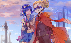  1boy bad_id bad_pixiv_id bag blue_hair brother_and_sister brown_hair cape dreadlocks eyewear_on_head female gakuran glasses goggles inazuma_eleven inazuma_eleven_(series) kidou_yuuto open_mouth otonashi_haruna photoshop_(medium) school_uniform short_hair siblings smile teikoku_school_uniform yuxikili 