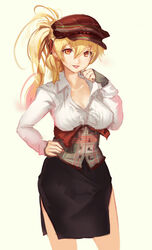  aged_up blonde_hair breasts cabbie_hat cleavage corset female hand_on_own_hip hat highres ikkyuu_tensai large_breasts lips lipstick long_hair makeup messy_hair orange_eyes ryuugajou_nanana_no_maizoukin side_slit skirt smile softmode solo 