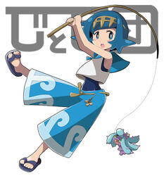  baggy_pants blue_eyes blue_hair blue_pants blue_sailor_collar capri_pants commentary_request female fishing_rod hairband lana_(pokemon) mareanie open_mouth pants photoshop_(medium) pokemon pokemon_(creature) pokemon_sm sailor_collar sandals short_hair sleeveless soboro_(jitome_dan) swimsuit swimsuit_under_clothes 