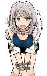  ... :d azu_(azu401) bad_id bad_twitter_id bent_over blue_eyes blush bound breasts chains cleavage female grey_hair highres large_breasts looking_at_viewer one-piece_swimsuit open_mouth simple_background smile solo spoken_ellipsis sweatdrop swimsuit tejina_senpai tejina_senpai_(series) translated white_background 