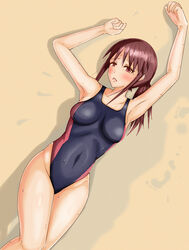  armpits bad_id bad_pixiv_id blush brown_eyes brown_hair commentary_request competition_swimsuit covered_navel female hands_up highleg highleg_swimsuit hitofudegaki_usagi idolmaster idolmaster_cinderella_girls long_hair lying mifune_miyu on_back one-piece_swimsuit open_mouth skin_tight solo swimsuit wet 