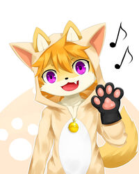  4:5 4_fingers absurd_res anthro bell big_eyes black_nose canid canine cheek_tuft clothed clothing costume facial_tuft fangs fingers footprint fox front_view fully_clothed fur gesture gloves hair handwear hi_res looking_at_viewer male mammal multicolored_body musical_note open_mouth open_smile orange_body orange_fur orange_hair outline paw_gloves pawprint purple_eyes raised_tail rann short_hair simple_background smile solo standing tail teeth toony tuft waving waving_at_viewer white_background white_eyes 